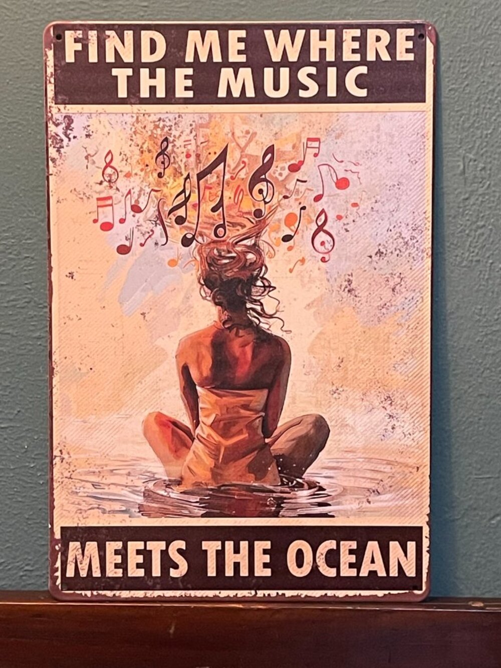 NWT 8X12" "Music Meets Ocean" vintage-style tin metal sign beach boho sea retro
